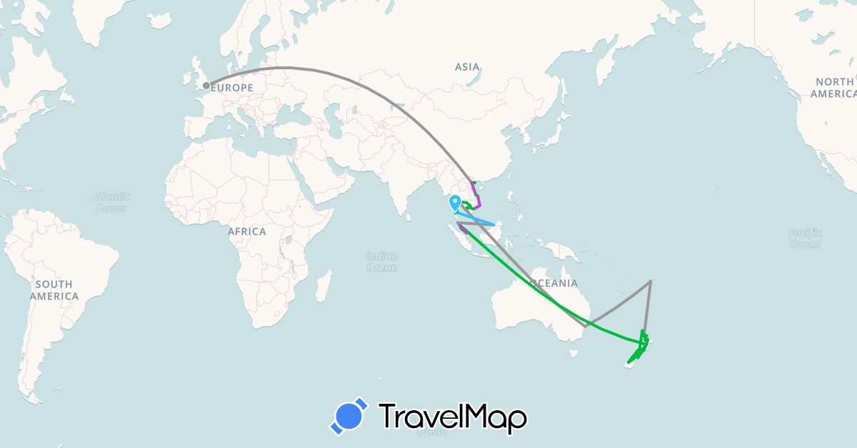 TravelMap itinerary: driving, bus, plane, train, boat in Australia, Brunei, Fiji, United Kingdom, Cambodia, Malaysia, New Zealand, Singapore, Thailand, Vietnam (Asia, Europe, Oceania)
